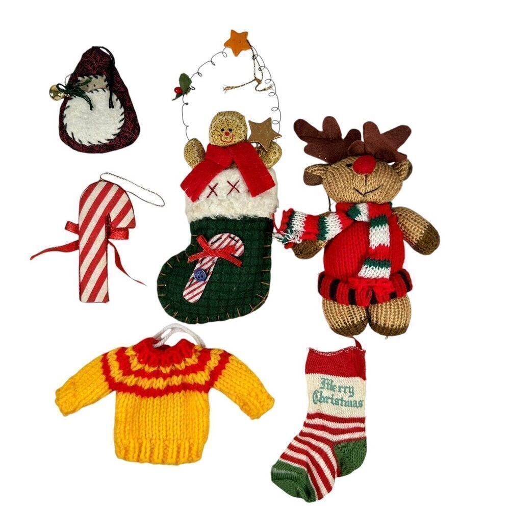 Vintage Christmas Tree Ornaments Mixed Felt Plush Yarn Lot Stocking Gingerbread